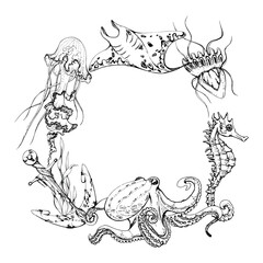 Marine life, sea ocean underwater creatures fish, shells algae seaweed, Ink and pen sketch hand drawn. Border frame illustration, stylized, isolated on white. For zoo shop, aquarium, cosmetics, resort