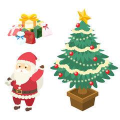 アイソメトリックで描いたクリスマスツリーとプレゼントとサンタクロース（ベクター）のイラスト