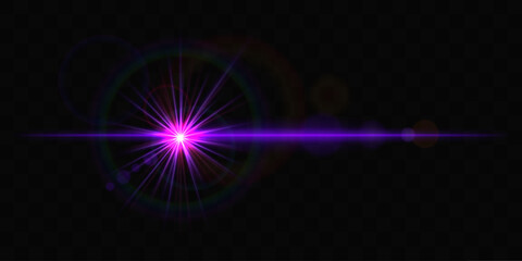 Bright blue glowing light burst with rainbow lens flare on a black background, creating a dynamic and futuristic effect. Lens flare, star light effect, reflection