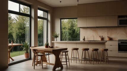Obraz premium Modern kitchen with large windows overlooking a green garden.