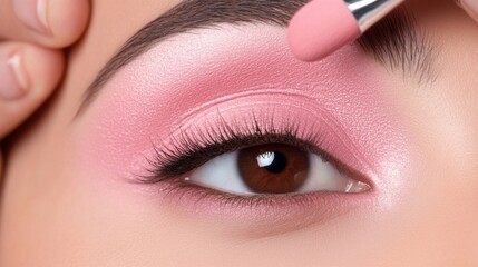 A close-up showcases the application of pink eyeshadow, emphasizing beauty and makeup artistry on the model's eye