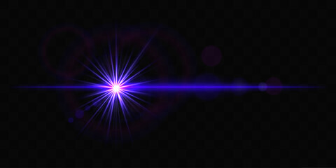 Bright blue glowing light burst with rainbow lens flare on a black background, creating a dynamic and futuristic effect. Lens flare, star light effect, reflection