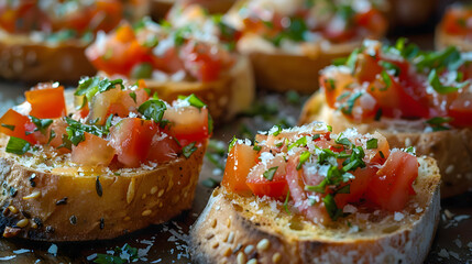 A close-up of bruschetta with a sprinkle of parmesan cheese