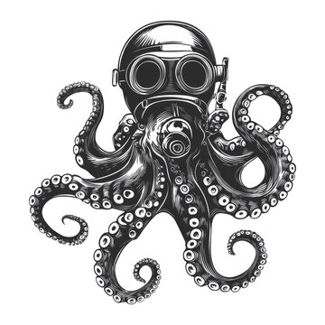 recommend clip art: Octopus in diving helmet mechanical and the organic, steampunk diving helmet sketch engraving