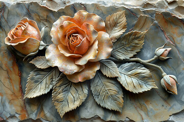 Elegant floral bas relief on textured wall created with generative AI technology