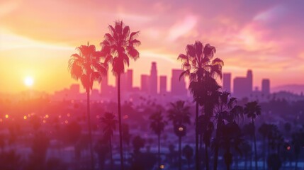 A vibrant sunset bathes the Los Angeles skyline in warm colors, framed by swaying palm trees against a colorful sky