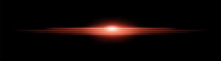 Moving fast Horizontal glowing red light beam on a black background, Highlight effect. Abstract laser reflection. Light effect. Directional light effect. Lens flare. Horizontal rays glowing