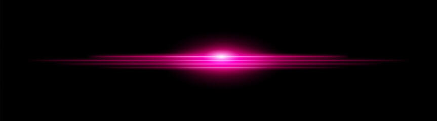 Moving fast Horizontal glowing pink light beam on a black background, Highlight effect. Abstract laser reflection. Light effect. Directional light effect. Lens flare. Horizontal rays glowing