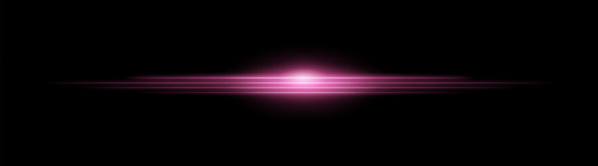 Moving fast Horizontal glowing pink light beam on a black background, Highlight effect. Abstract laser reflection. Light effect. Directional light effect. Lens flare. Horizontal rays glowing
