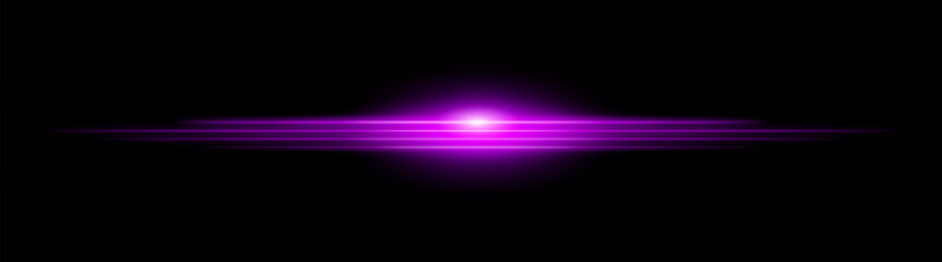 Moving fast Horizontal glowing purple light beam on a black background, Highlight effect. Abstract laser reflection. Light effect. Directional light effect. Lens flare. Horizontal rays glowing