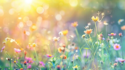Fototapeta premium Vibrant blossoms and soft grass bask in the sunshine, creating a lively display of fresh spring beauty that captures the essence of the season