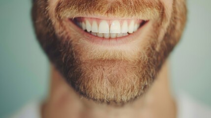 Obraz premium A man showcases a brilliant white smile, emphasizing his well-groomed beard in a relaxed atmosphere
