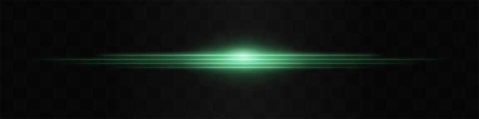 Moving fast Horizontal glowing green light beam on a black background, Highlight effect. Abstract laser reflection. Light effect. Directional light effect. Lens flare. Horizontal rays glowing