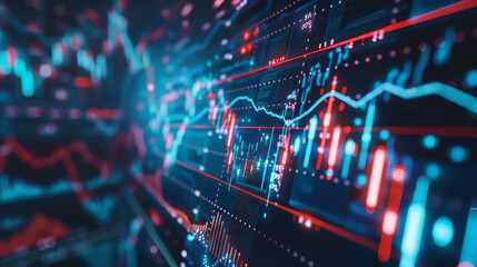 Obraz premium Dynamic financial charts and graphs display vibrant data trends, showcasing ever changing landscape of financial market. colorful visuals represent market fluctuations and analytics