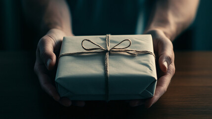 hands holding a wrapped gift with twine