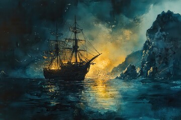 Fototapeta premium Dramatic seascape with an illuminated ship sailing near rocky cliffs under a stormy sky, capturing a sense of adventure and mystery.