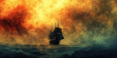 Dramatic seascape with a solitary sailing ship navigating through fiery skies and tumultuous waves, capturing the essence of adventure and mystery.