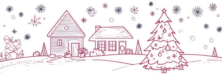 A minimalist Christmas scene with two cozy houses and a beautifully decorated Christmas tree. Snowflakes fall gently from the sky, creating a magical winter atmosphere. This image is perfect for conve