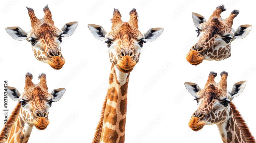 Poster set of five giraffe heads displayed on a transparent background generative ai