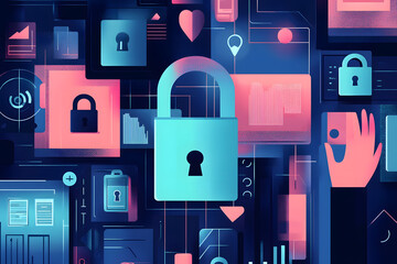 Abstract cybersecurity illustration with digital lock icons, secure data symbols, and technology interface in blue and pink tones, perfect for privacy, protection, and tech security themes