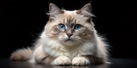 Obraz premium Young Adult Ragdoll Cat Laying on Black Background - Macro Photography