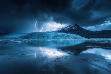Dramatic stormy landscape with lightning over a serene icy lake and a rugged mountain in the background, reflecting power and tranquility.