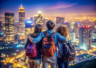 Fototapeta premium Young Travelers Embracing Friendship on an Urban Adventure in Stylish Fashion