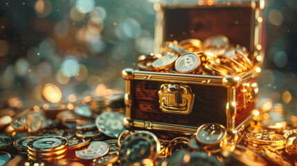 Treasure chest filled with various investment symbols, including gold coins and cryptocurrency, creating sense of wealth and opportunity