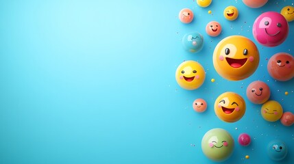 3d banner of World Emoji Day colorful funny emojis floating on the right side On the left space for text on a clean blue background Mental health awareness and positive emotions theme