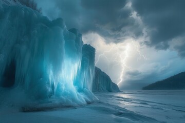 Dramatic winter scene with icy cliffs lit by lightning against stormy skies, capturing nature's power and raw beauty.