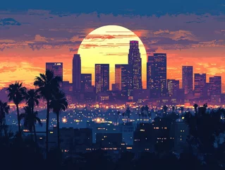 Fototapete LA Night. Downtown Los Angeles Sunset Skyline Background with American Architectural Buildings © AIGen