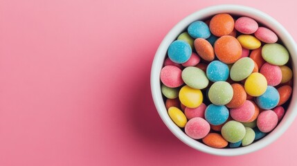 A bowl brimming with assorted colorful candies contrasts against a cheerful pink backdrop