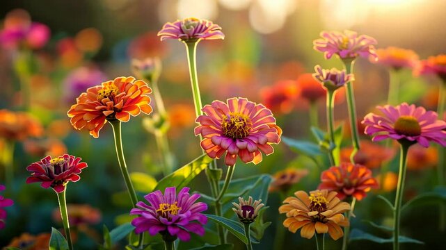 Colorful zinnias bloom in the afternoon sun