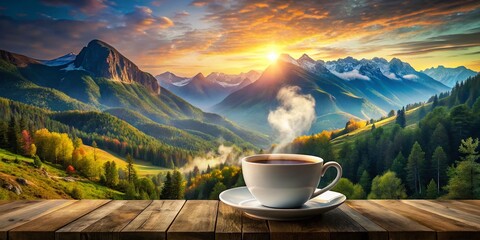 3D Animation of Hot Coffee with Majestic Mountain View in Double Exposure Photography for Seamless Loop Video