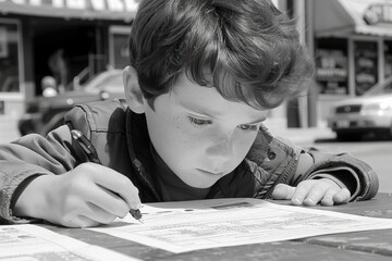 Young boy focused on drawing on a sunny street, enjoying a creative moment at a picnic table in the afternoon light