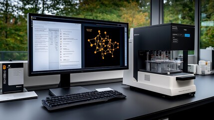 A high-tech laboratory with holographic projections showing molecular structures