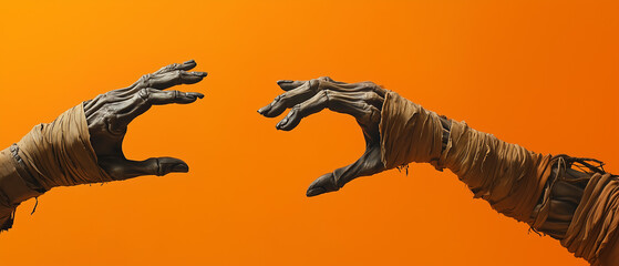 Mummy Hands Reaching on Bright Orange Background for Halloween