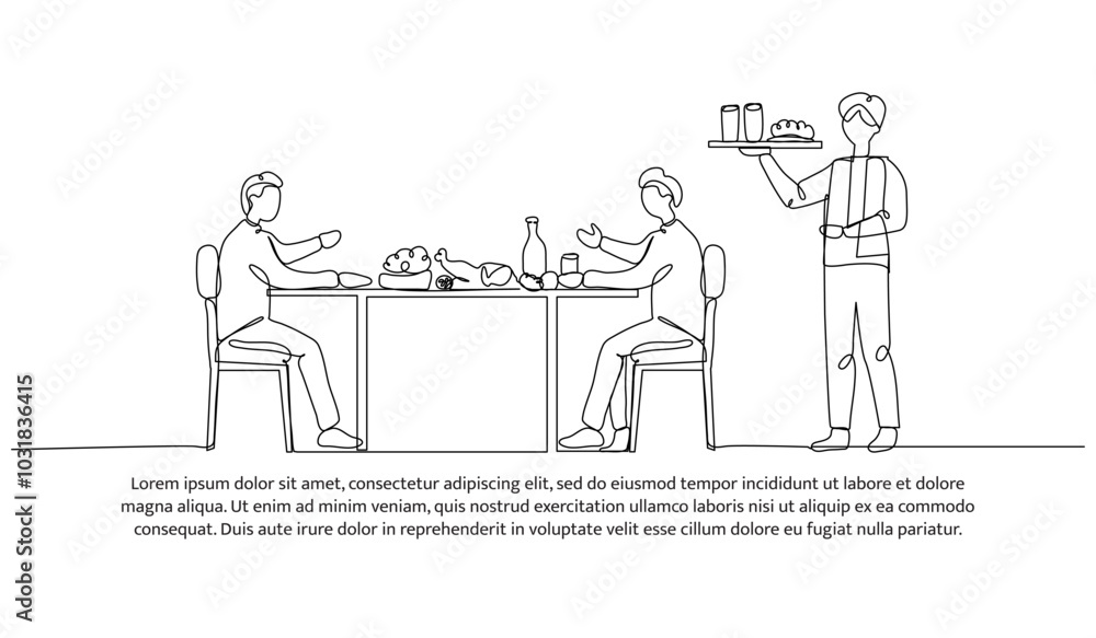 Poster continuous line design of eating together. single line decorative element drawn on white.