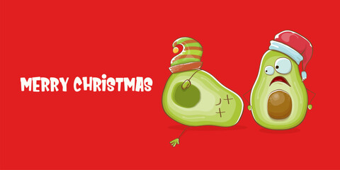 Merry chirstmas vector funky greeting horizontal banner or card with santa claus avocado character and his elf friend on red background. Vector funny christmas party poster design template