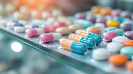 Various medication pills are arranged neatly on a pharmacy counter, highlighting their colorful assortment and packaging