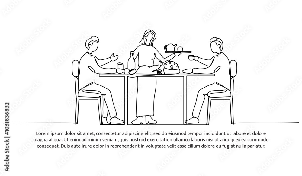 Poster continuous line design of eating with family. single line decorative element drawn on white.