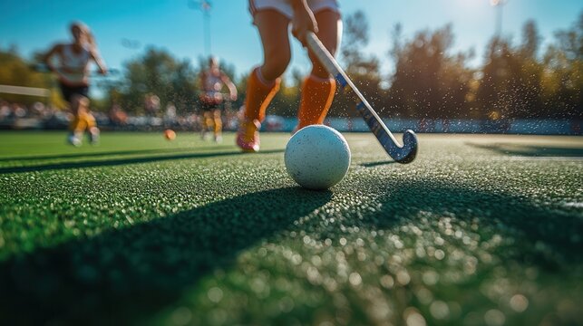 Field hockey players in action on a sunny day, focusing on the ball and stick. Energy and sport on the grass field.