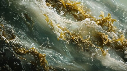A close-up of Korean seaweed growing along the coast, with detailed textures in the water.
