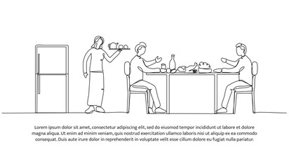 Continuous line design of eating with family. Single line decorative element drawn on white.