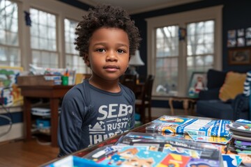Young boy at home exploring his creativity with colorful toys and games in a bright room during the afternoon