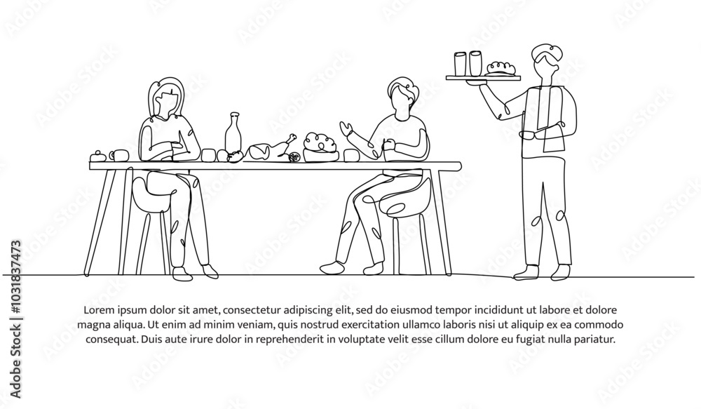 Poster continuous line design of eating together. single line decorative element drawn on white.