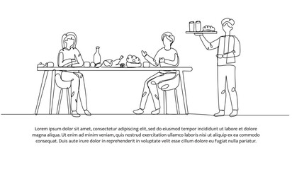 Continuous line design of eating together. Single line decorative element drawn on white.