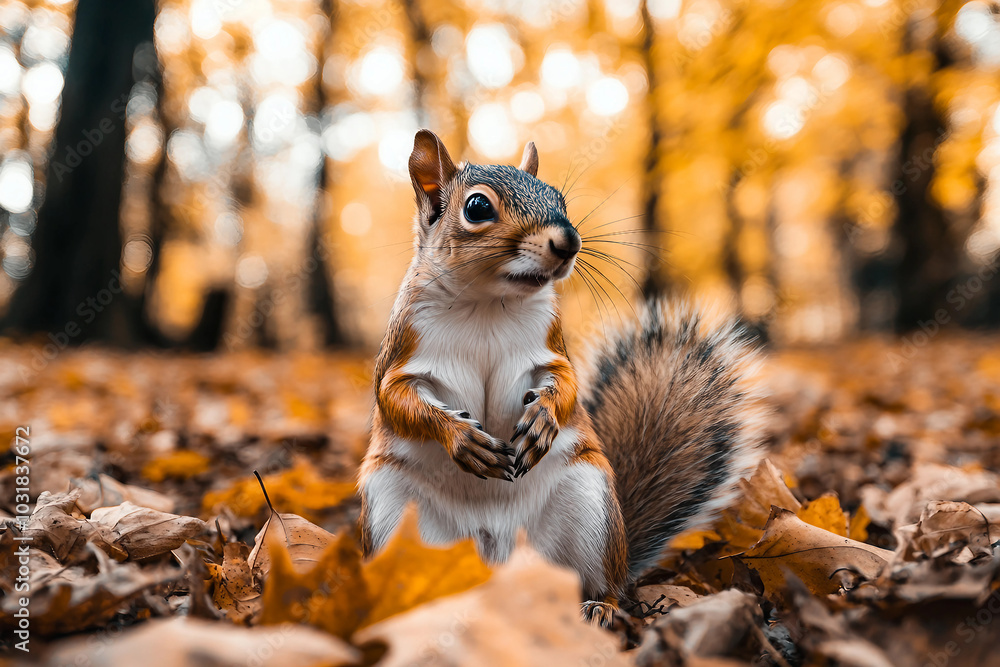 Poster a wild animal in the middle of an atumn forest from generative ai
