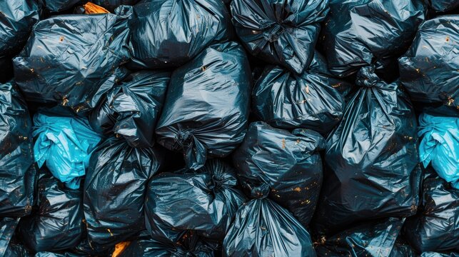 A significant collection of black garbage bags stacked together, highlighting issues of waste management in a city environment