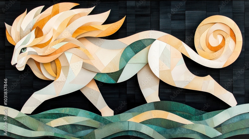 Aufkleber artistic representation of a lion walking through waves with a unique color palette in a modern desi